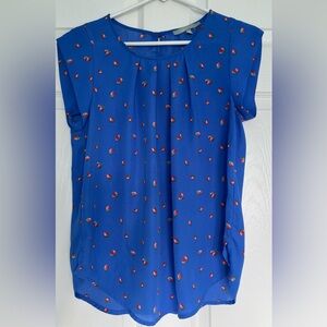 Sweet Rain Blue And Red Strawberry Print Cap Sleeve Women's Blouse Shirt Top